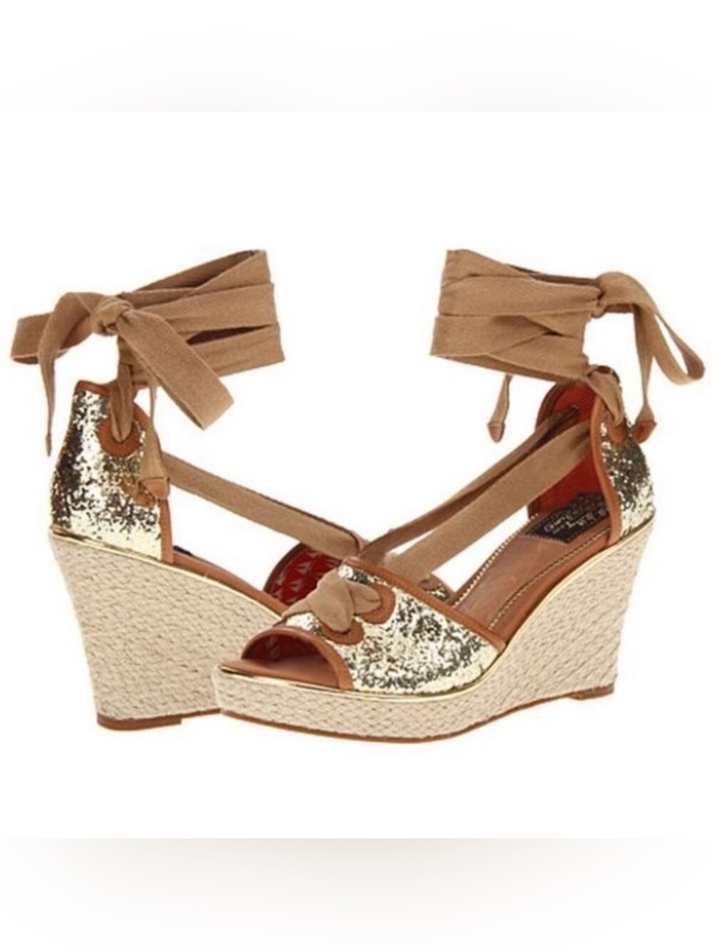 MILLY for Sperry Gold Glitter and Tan Espadrille Tie Wedges